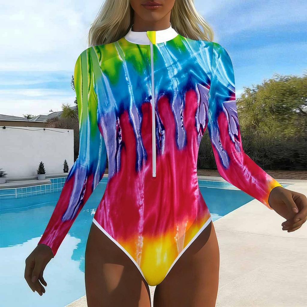 Women Long Sleeve One Piece Swimsuit Zip Front  Ink Tie Dye Print Rash Guard Surfing Bathing Suit