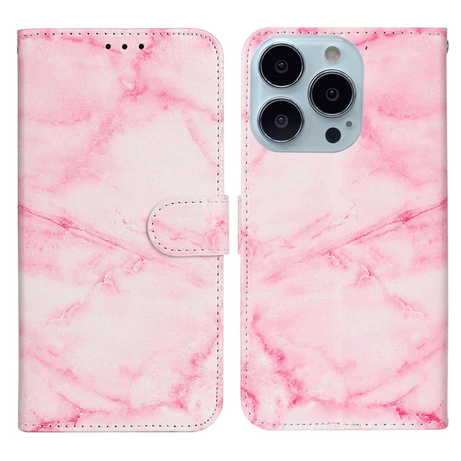 

For iPhone 16 Pro Max Case Leather Pattern Design Flip Wallet Phone Cover Pink Marble