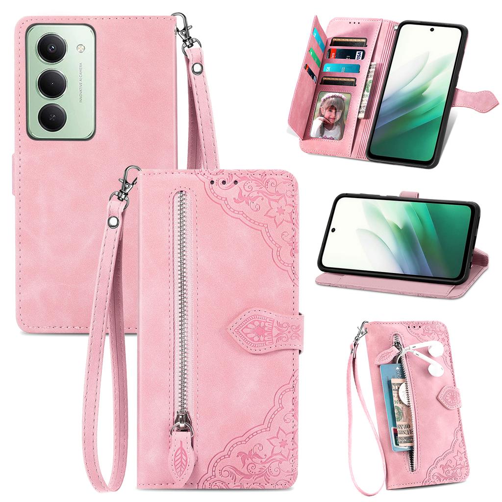For Xiaomi Redmi 15 5G (Global) (169mm) Zipper Wallet Case with Strap Flower Imprint PU Leather Phone Cover