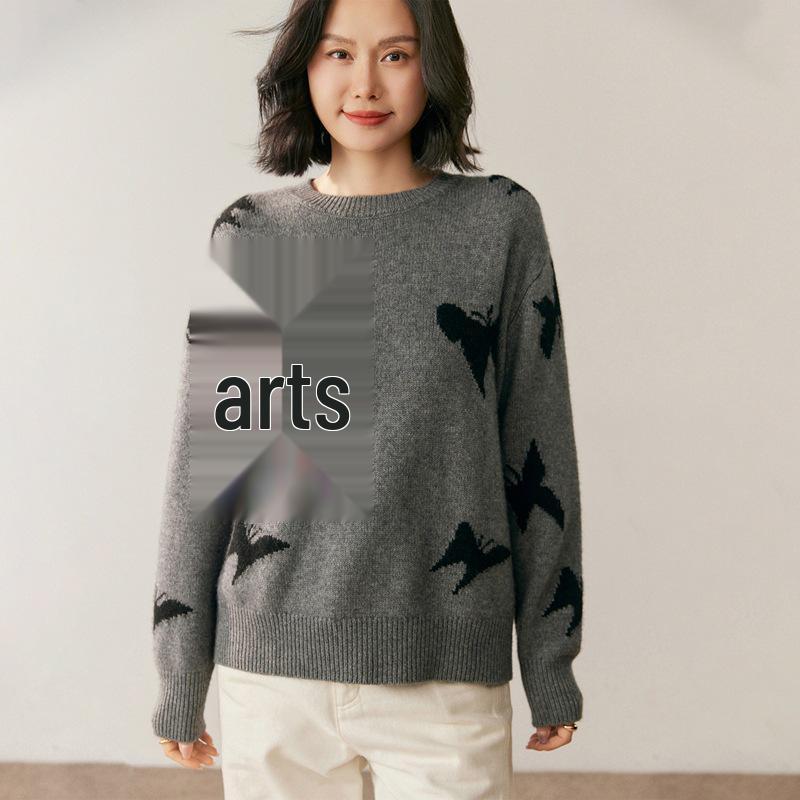 Women's Butterfly Cashmere Round Neck Sweater - 2025 Autumn/Winter Loose Slim Fit Knitwear