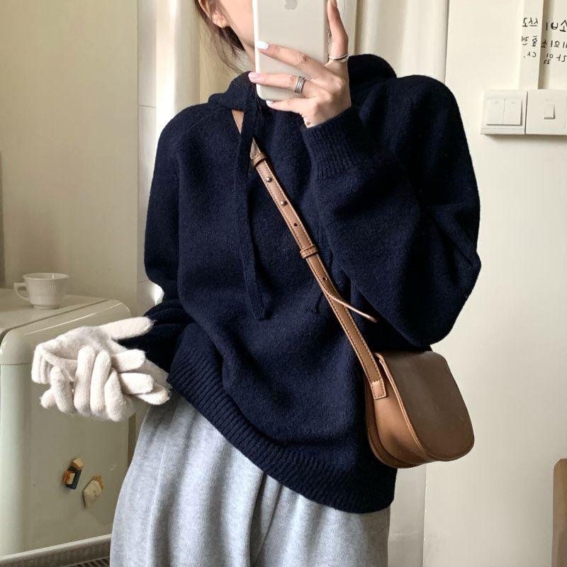 

Осень-зима Женский винтажный простой повседневный универсальный вязаный свитер с капюшоном Корейская мода Однотонный длинный рукав Свободный пуловер Топы XL темно-синий