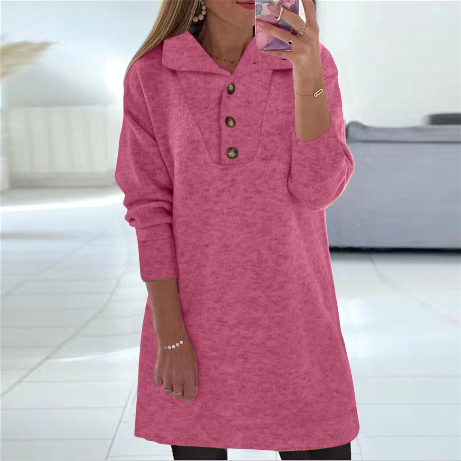 

Women s And Winter Color Lapel Button Long Sleeve Pullover Casual Dress L розовый