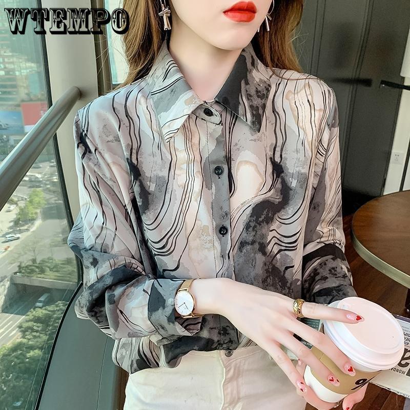 Spring and Autumn Women's Shirt Lapel Shirt Loose Vintage Tie-dyed Shirt Long-sleeved Printed Chiffon Shirt