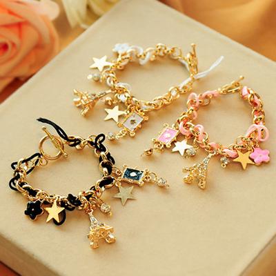 Fashion Sweet Flowers Stars Hearts Eiffel Tower Poker Pendant Bracelet Girls Jewelry Gift