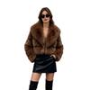 Womens Short Faux Fur Coat With Fox Hair Trim Collar Lapel Leather Patchwork Long Sleeve Winter Outerwear