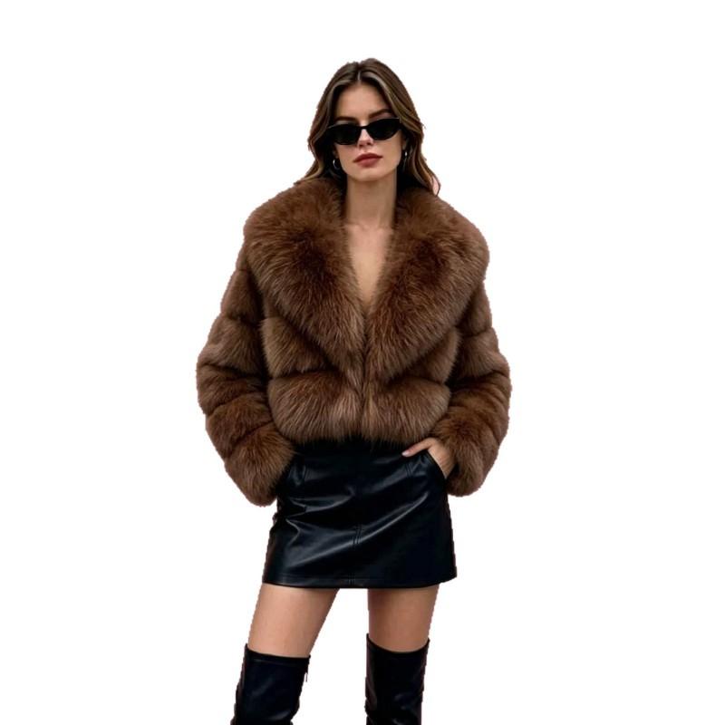 Womens Short Faux Fur Coat With Fox Hair Trim Collar Lapel Leather Patchwork Long Sleeve Winter Outerwear