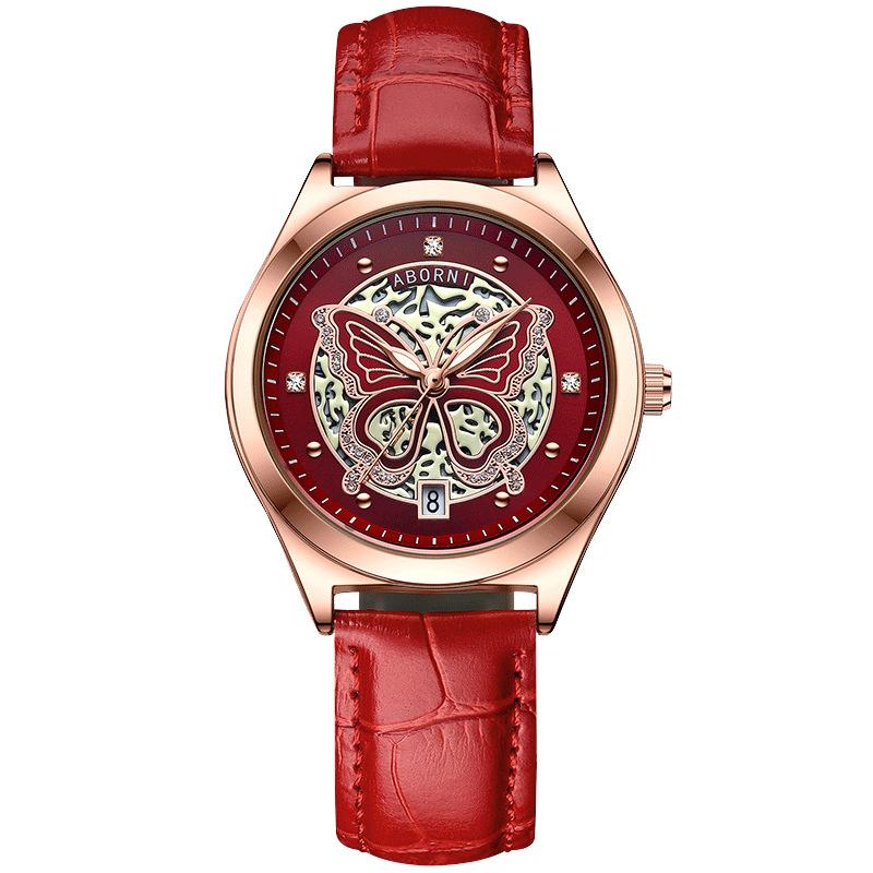 Damen Quarz Uhr Modisch Leuchtend Skelettiert Verträumt Schmetterling Wasserdicht Diamantbesetzt Kalenderuhr Weihnachtsgeschenk Uhr