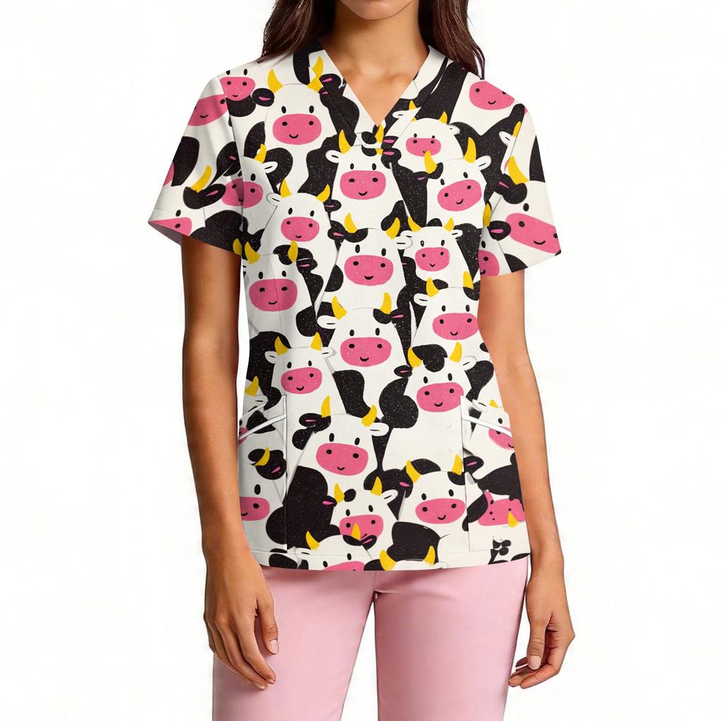 Women's V-Neck Short Sleeve Scrub Top with Pockets, Print Work Shirt, Lightweight Uniform Tunic for