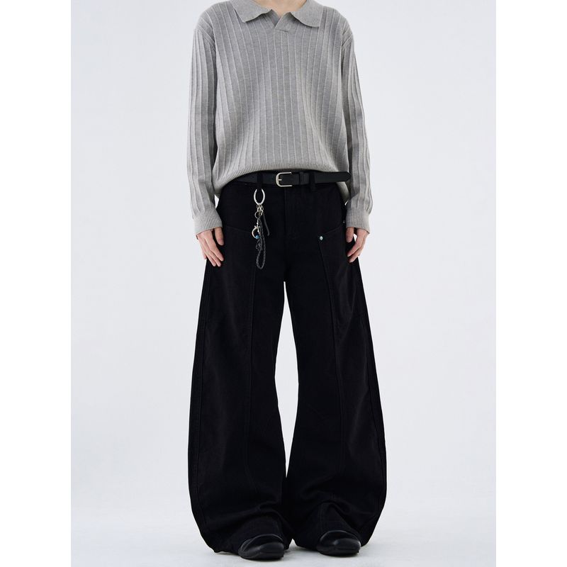 Kisko Design-Inspired American-Style Turquoise Black Scimitar Jeans for Men and Women, Simple Loose Straight-Leg Versatile Pants