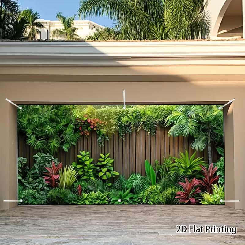 2D Red Green Tropical Leaves Wood Fence Garage Door Backdrop Garden Banner