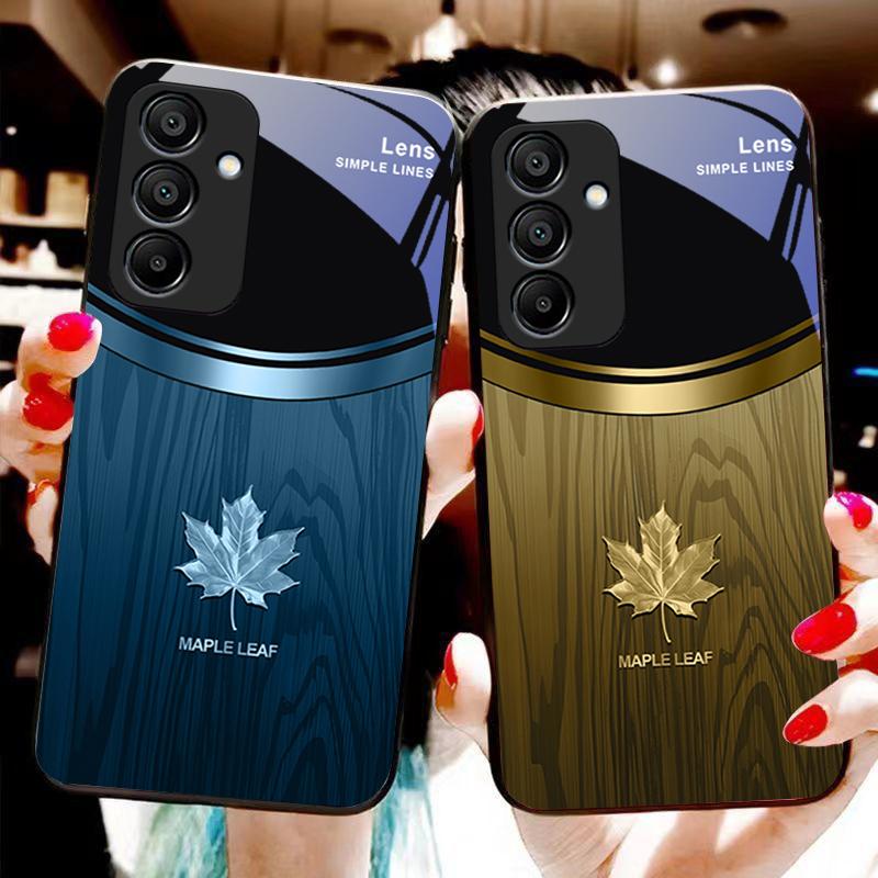 Holzmaserung Ahornblatt Für Samsung Galaxy A15 5G 54 4G 51 50 24 35 90 71 12 51 53 52S 80 22 34 Schwarz Gehärtetes Glas Handyhülle