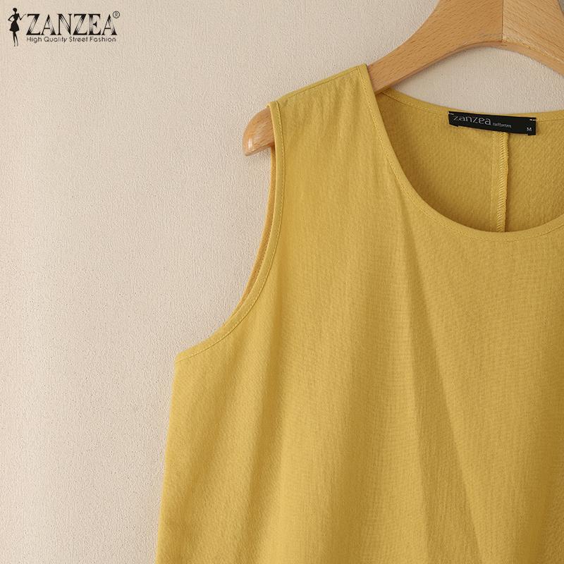 ZANZEA Maiuri casual pentru femei, cu gât rotund, de culoare solidă, fără mâneci