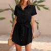 Women's Dress Casual Fashion Solid Color Shirt Pocket Button Sleeve Dress