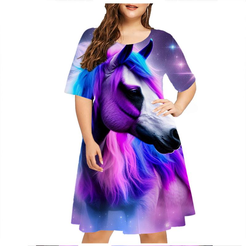 Grassland Running Animals Horse Dresses For Women Clothes Oversized Summer Casual Short Sleeve Print Dress Loose Plus Size Dress