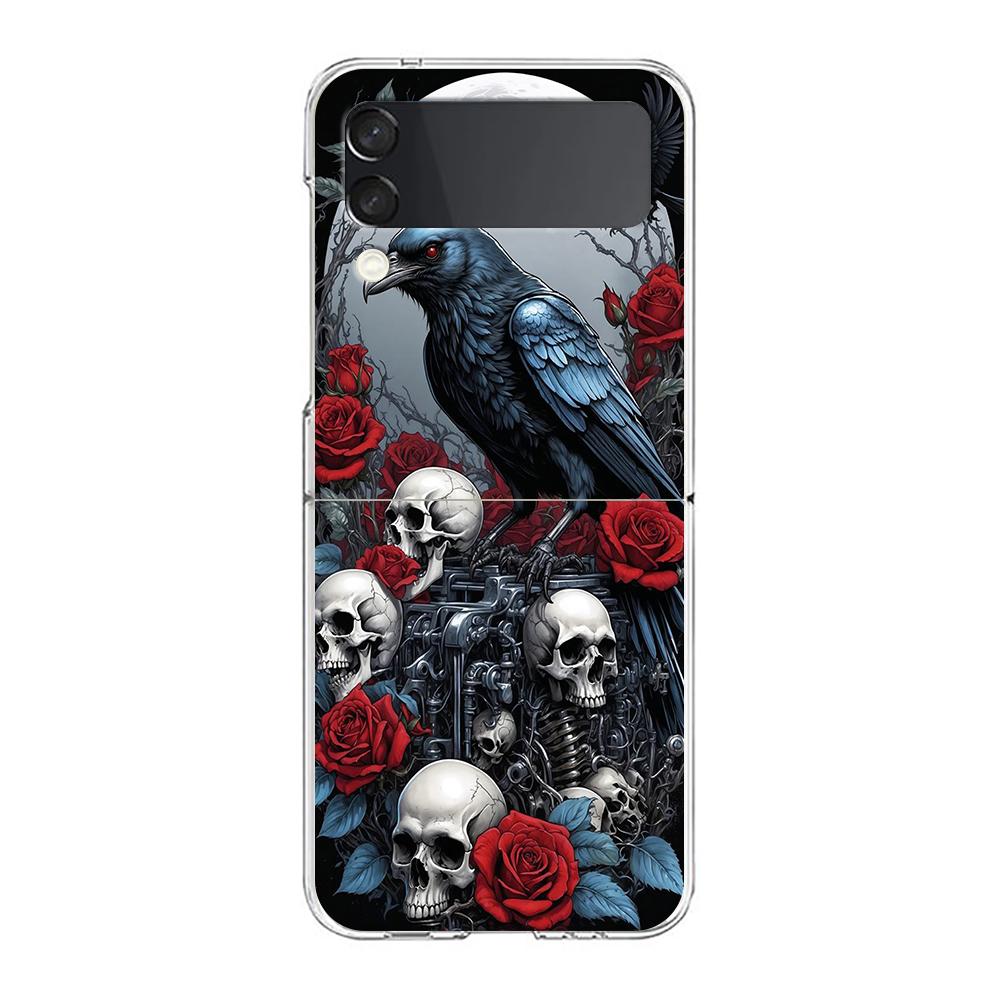 Phone Cover For Samsung Galaxy Z Flip 7 6 5 4 Case Transparent For Samsung Z Flip 3 Hard PC Foldable Shell Raven Crow Skull Bags