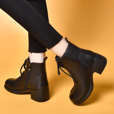 Rundkopf Martin Stiefel Damen neue mittelhohe Absätze Retro Lederstiefel erste Schicht Rindsleder Schnürstiefeletten