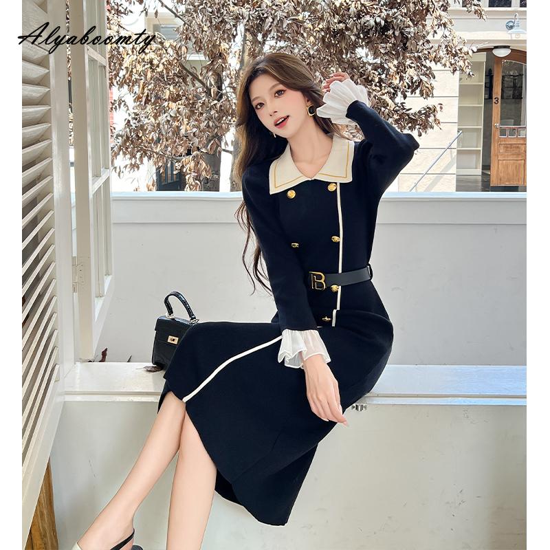 Office Lady Fall Winter Women Knitting Dress Turn-Down Collar Contrast Color Knitted Dress Flare Sleeve Elegant Fashion Warm Sweater Dress With Belt