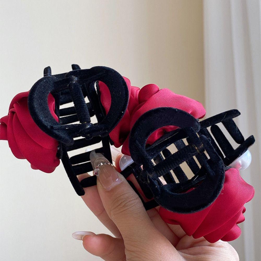Grab Clip Velvet Bow Hair Claw Pearl Velvet Headband Fashion Red Rose Hair Clip Female