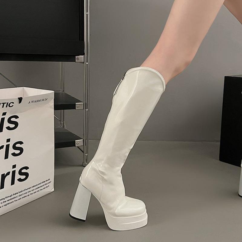 Modische Klobige Hohe Absätze Einfarbig Kniehohe Stiefel für Damen Plateau Beige Schwarz V-Ausschnitt Gothic Herbst Lange Stiefel Party Kleidschuhe