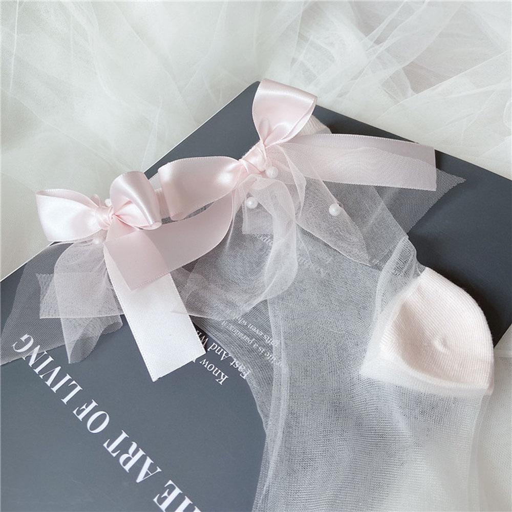 Summer Lolita Woman Transparent Mesh Solid Colors Pearl Short Socks Bow Lace