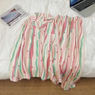 Dopamin-Stil Koreanischer Damen-Pyjama-Set Herbst Nachtwäsche Pyjama-Set Nachthemden Lässig Bequem Knopfleiste Oberteil und Hose Dame
