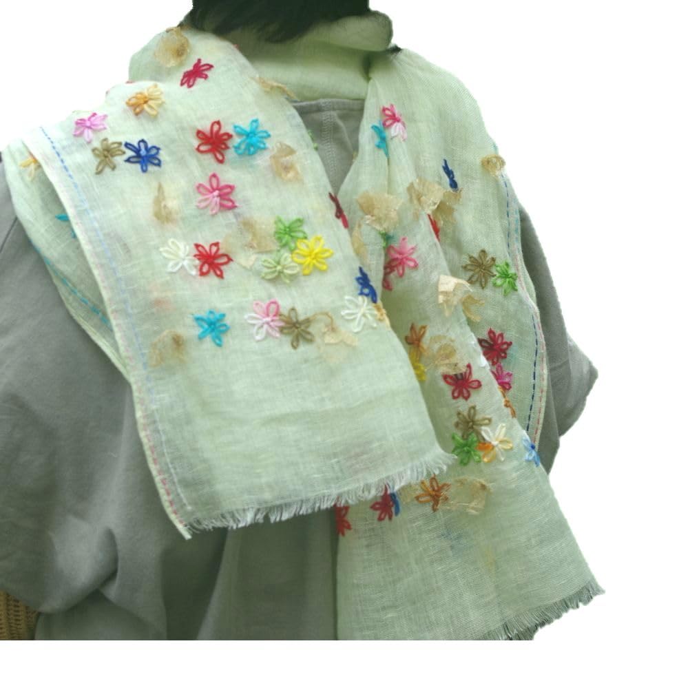 All Over the Linen Stole Embroidered Scarf Floral Ribbon Gauze Hemp Handmade Green [.a World] 100% Women's (Light Green)