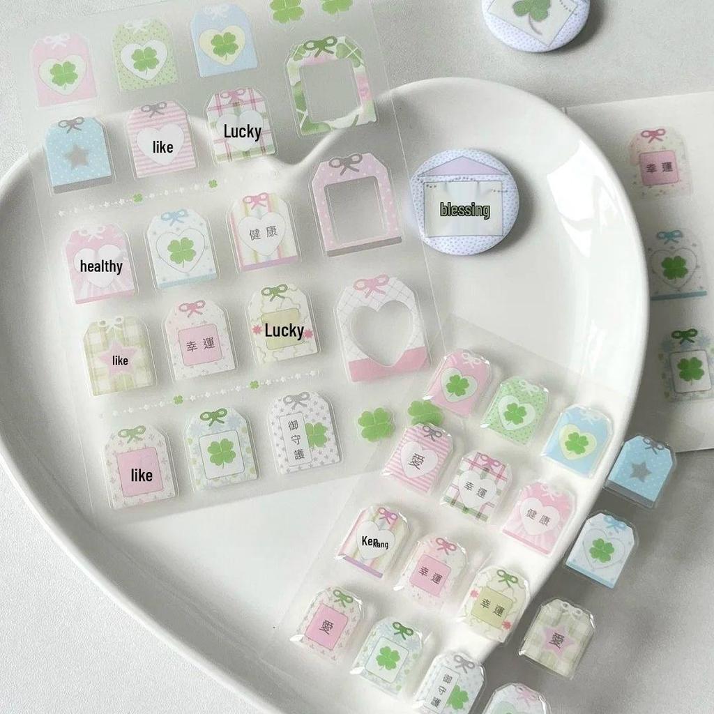 Fresh Four-Leaf Clover Plaid Jelly Stickers - Lucky Bag DIY Girly Heart Theme for Summer