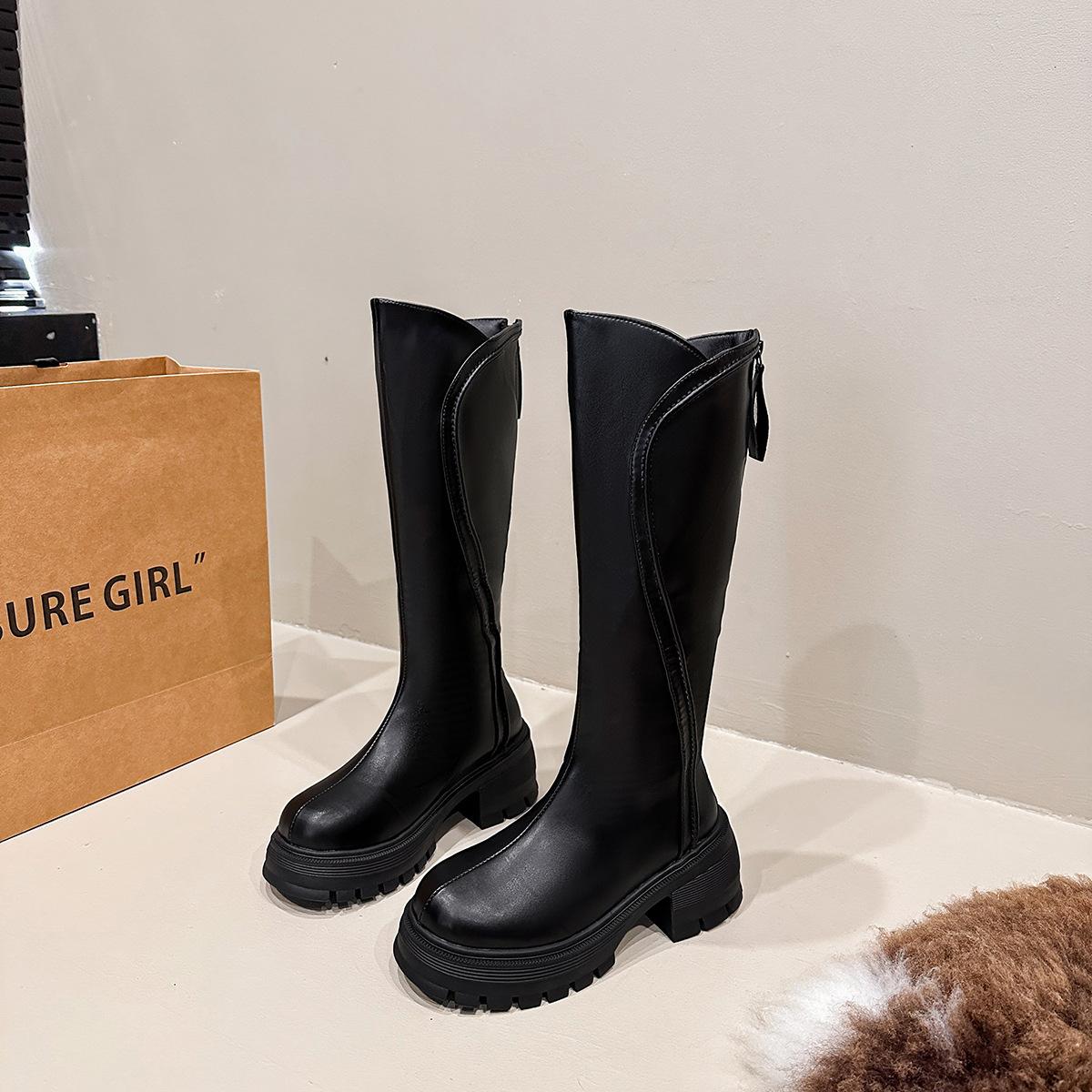 

Fashion versatile solid color leather boots thick heel heightening boots women s thick sole but knee length thin high heel Martin boots 39 чёрный