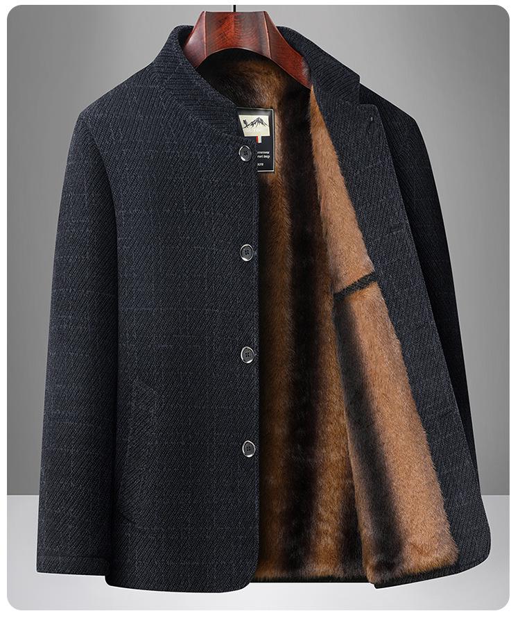 Men's Winter Wool Coat: Dad Style Stand Collar, Plus Velvet Thickened, Mid-Length Jacket for Middle-Aged and Elderly.