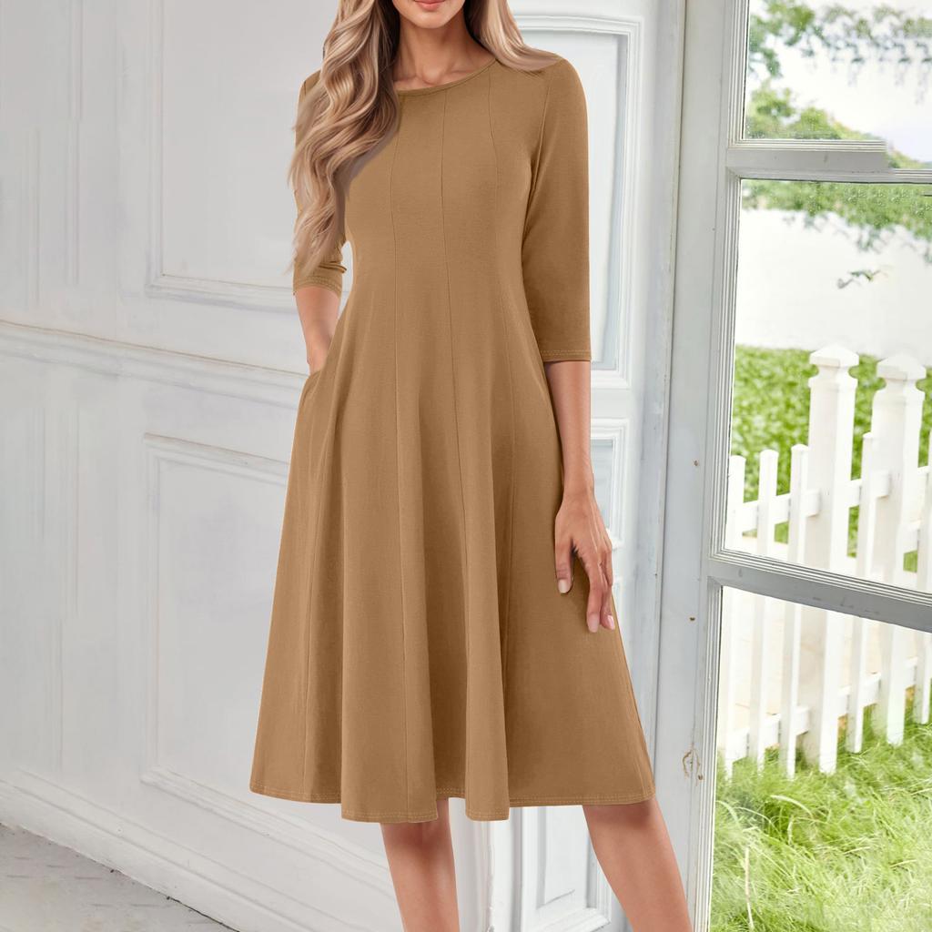 Women's Casual Fashion Round Neck Three Quarter Sleeve Color Midi Dress