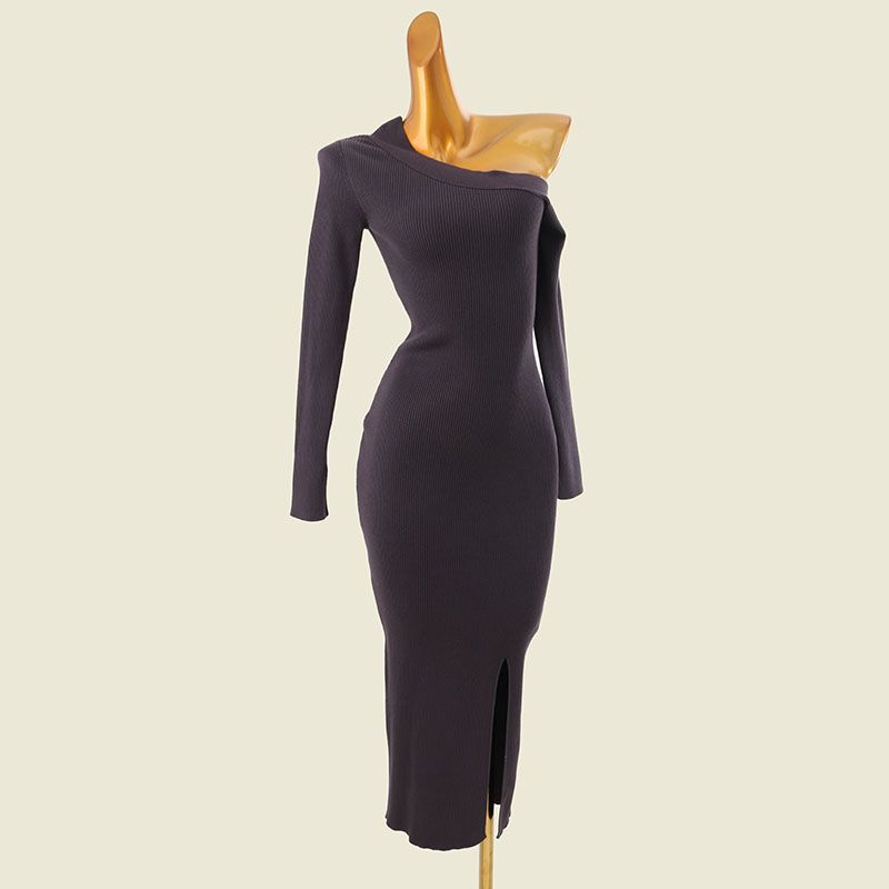 

Spanish S Home Stylish Niche Style off-Neck Dress Export Front Slit Slim-Fitting Knitting Wrapped Skirt Blue 2XL