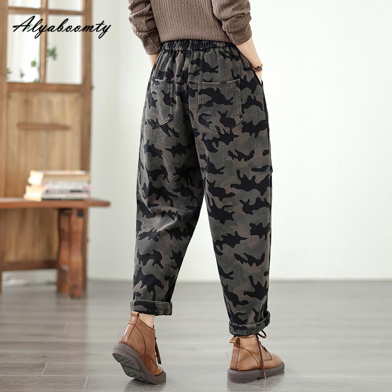 Korean Style Autumn Winter Women Fleece Warm Harem Jeans High Waist Print Baggy Plus Size Denim Pants Thick Vintage Casual Loose Ladies' Jeans