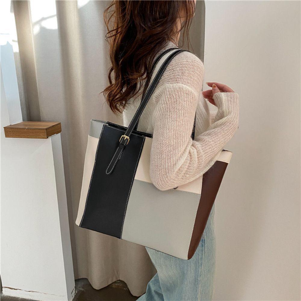 Fashion Splicing PU Tote Bag, Lightweight Handbag, Large Capacity Simple Commuter Shoulder Bag, Women's Bags