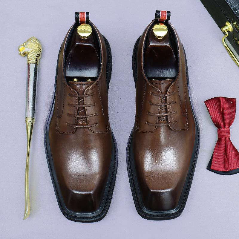 

Новые мужские формальные кожаные туфли на толстой подошве, увеличивающие рост, мужские туфли из коровьей кожи с квадратным носком 46 темно-коричневого
