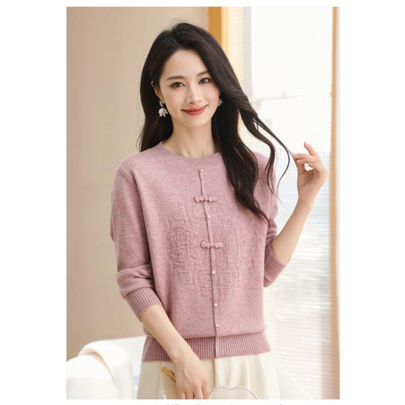 Autumn Women's New Spliced Round Neck Button Fashion Solid Color Chinese Style Knitted Long Sleeve Top