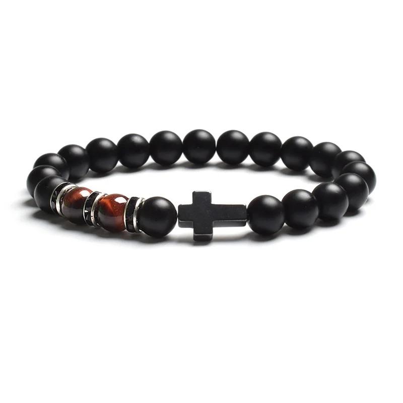 Fashion Religion Cross Men Women 8mm Natural Stone Tiger Eye & Black Matte Agates Bead Bracelet Elastic Bracelet Bangle Jewelry