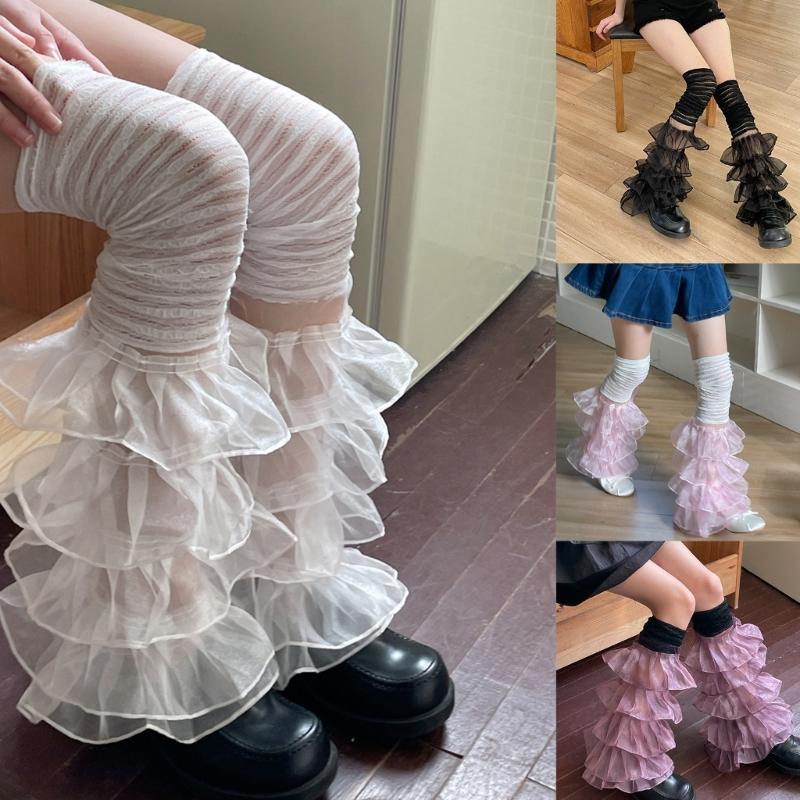 Women Ruffle Lace Leg Warmer Sweet Thigh High Socks Mesh Flared Leg Socks Princess Leg Sleeves Halloween Costumes