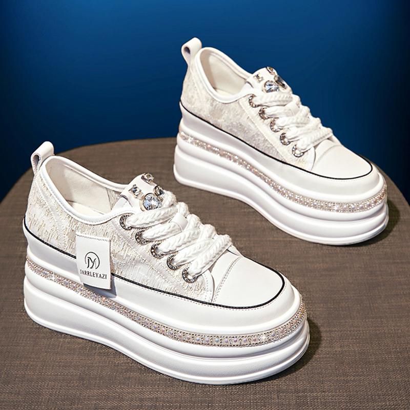 Women 8CM Platform Casual Outdoor Shoes Rhinestone Shine Decoration Sneakers Lace Up Walking Sport Breathable Thick Bottom Shoes