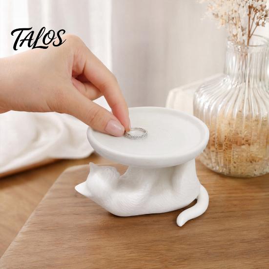Talos 3D Printed Reclining Cat Jewelry Tray, Cute Ring Holder & Earring Organizer Dish for Dresser Vanity, Decorative Kitten Trinket Bracelets
