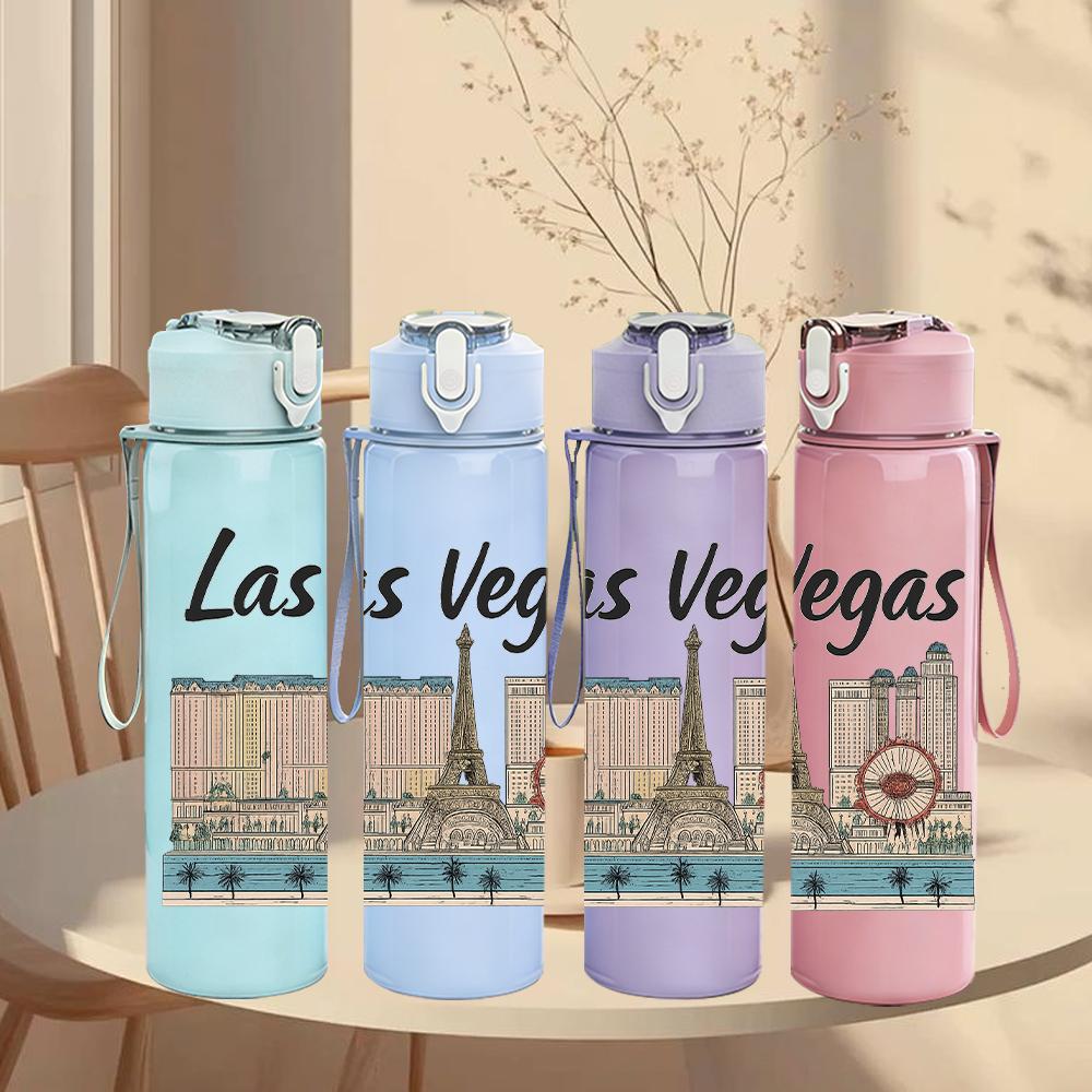 1PC Las Vegas City Landmark 750ml Color Plastic Sports Water Bottle Leakproof Flip Straw Lid Suitable for Sports Office Home Use