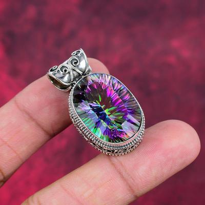 Ciondolo in argento sterling massiccio 925 con topazio mistico, ciondolo con pietre preziose fatto a mano, per il Memorial Day