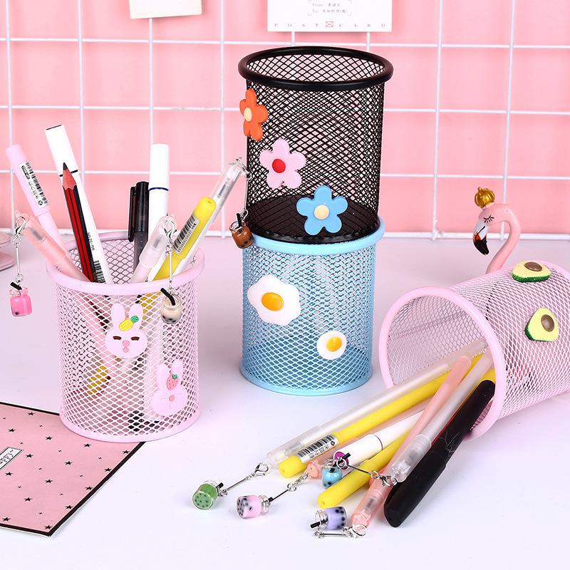 Cartoon Metal Pen Holder Hollow Design Desk Organizer Cute Colorful