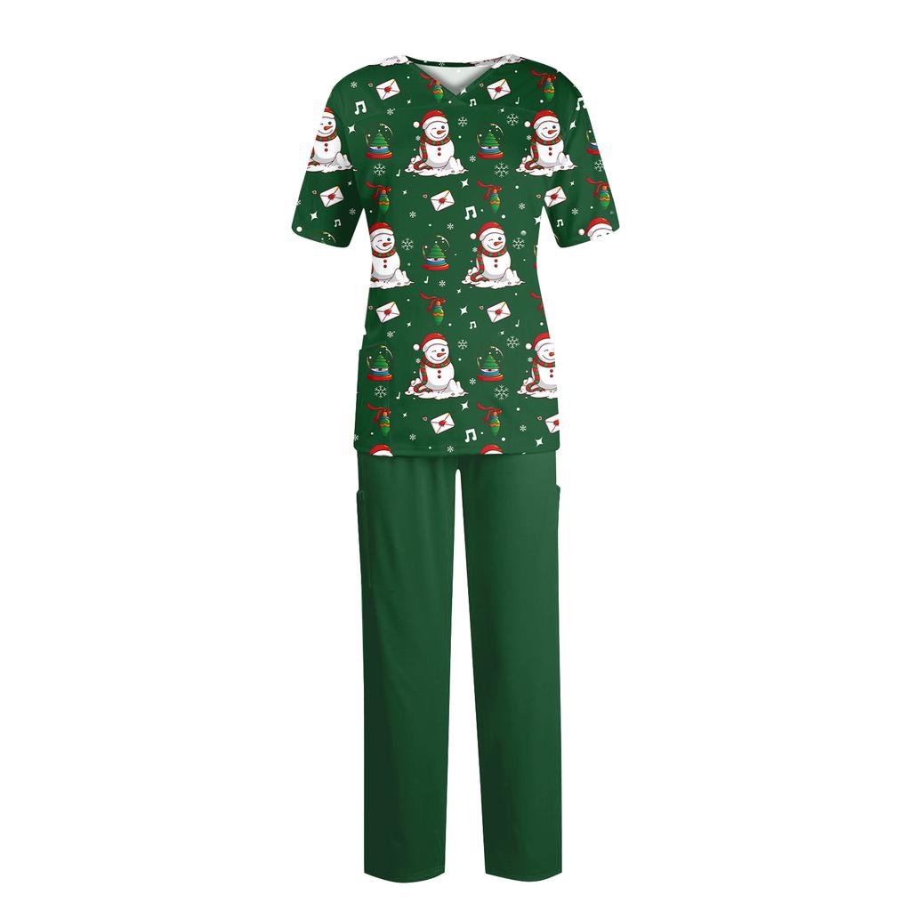 Women's Fashion Print Short Sleeve V Neck Pattern Tops Pocket Working Set