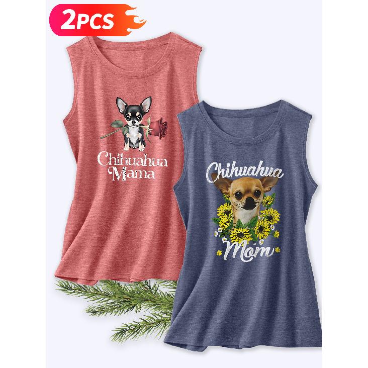 Follow a Specific Direction Two-piece Women's Vest Set Chihuahua Sunflower Rose Print Elegant Summer Party Outfits Sleeveless Vest Essential Fashion