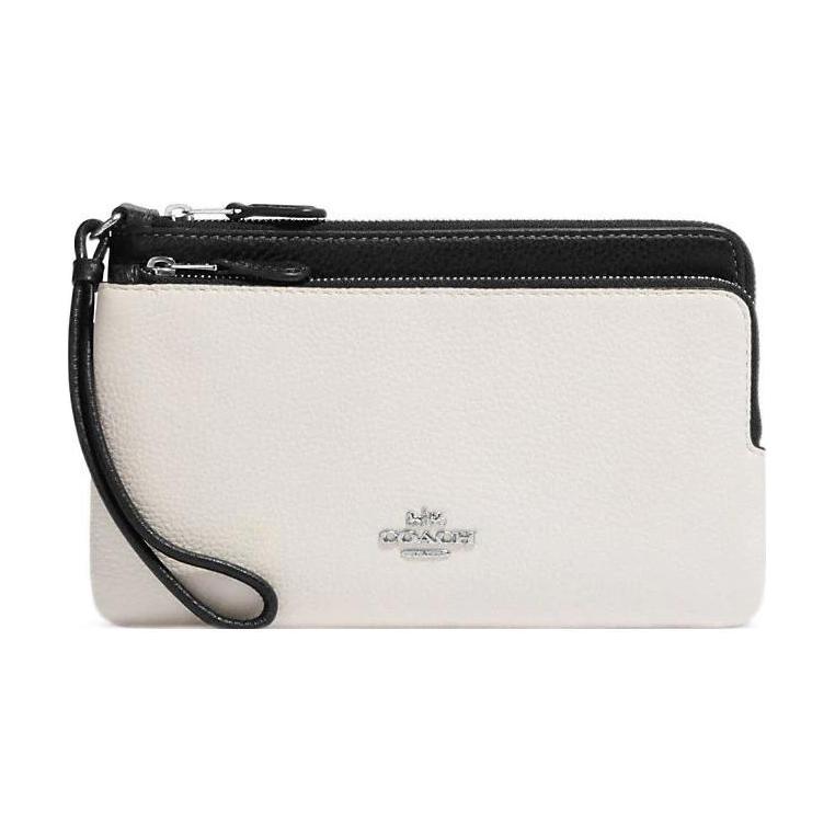 

Coach White & Black Pebbled Leather Large Double Zip Wristlet Wallet for Daily Use Basic Set (Bag+Dust Bag)