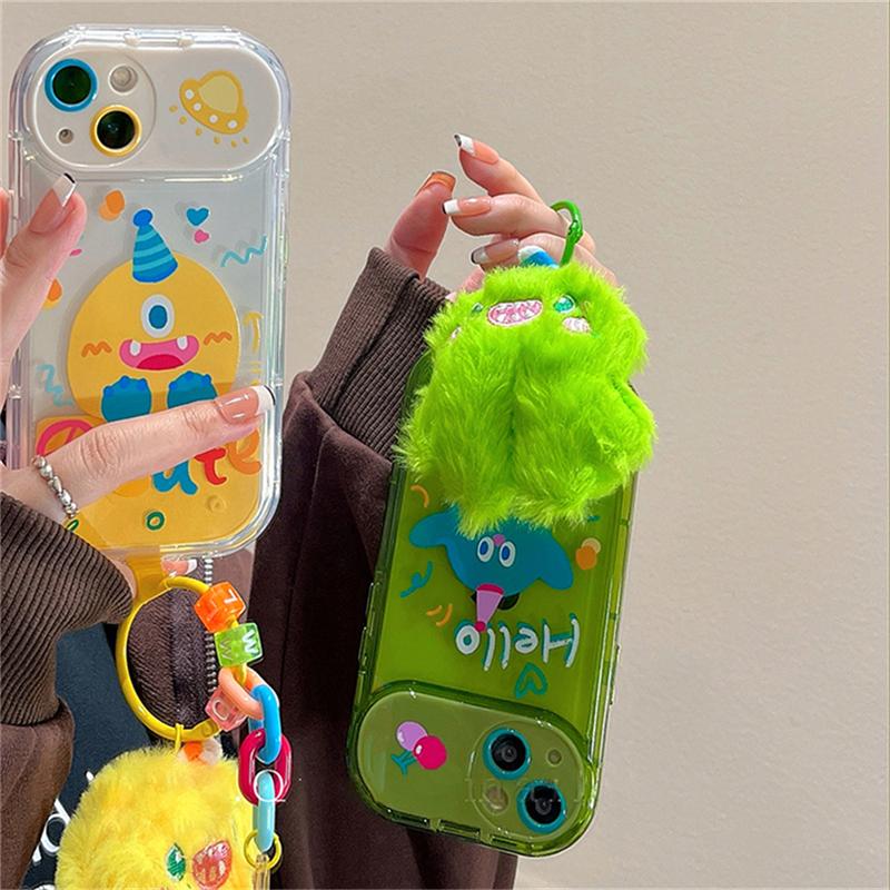 Korean Cute Plating Monster 3d Plush Pendant Phone Case For Iphone 14 13 12 11 Pro Max Xr Mirror Holder Shockproof Soft Cover