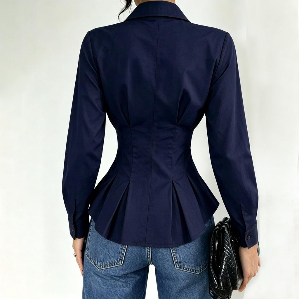 Women Long Sleeve Button Down Shirt Ruffled Waist Peplum Blouse Tailored Fit Collared Shirt Casual Office Wear