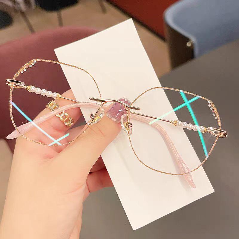 Popular Diamond-Cut Rimless Reading Glasses: Large Frame, Anti-Blue Light, High-Definition with Pearl Details