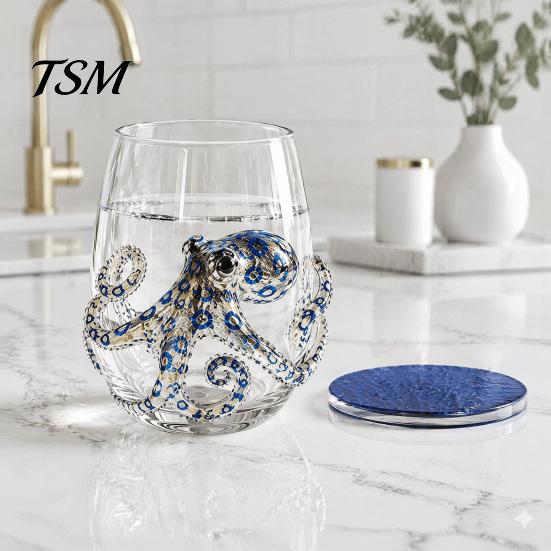 Elegant Seaside Drinking Glass Octopus Tumbler, 350ml Stemless Wine Glass, Whale Dolphin Turtle Nautical Home Decor Sea Creature Cup, Handcrafted