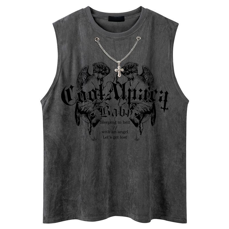 YPRS Men's Wind Angel Wings Printed Crew Neck Strap Chain High Street Loose Trend Personality Men's Sleeveless Vest